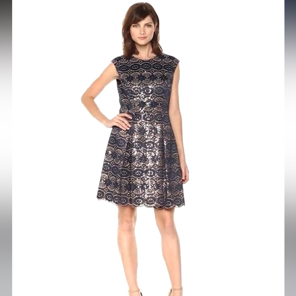NEW Vince Camuto Sequin Lace Cap Sleeve Navy & Gold Fit and Flare Dress